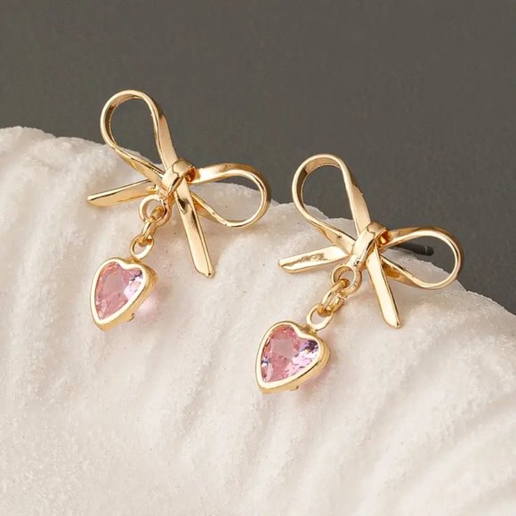 Jewelry - NEW Coquette Gold Bow Earrings Pink Heart Dangle Studs Cute Y2K Girly Jewelry